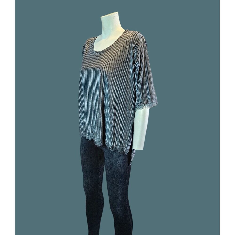 Gray POL Velvet Striped Semi Sheer Lace Trim High Low Hem Top Women S